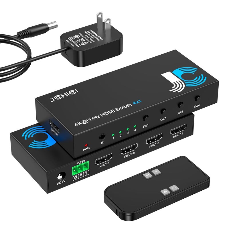 JCHICI HDMI Switch 4 in 1 Out 4K@60Hz, 4 Ports HDMI Switcher Splitter Selector with Remote, Support HDCP 2.2 HDR 10+ Dolby Vision/Atmos 18Gbps CEC for Apple TV Game PC PS4 5 Pro Xbox Roku - Image 1